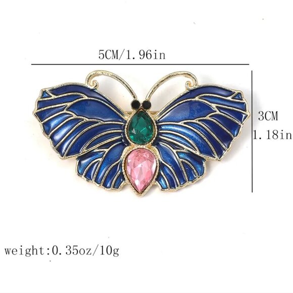 Blue Butterfly Enamel Brooch With Green & Pink jewels Gold Tone - Picture 2 of 2